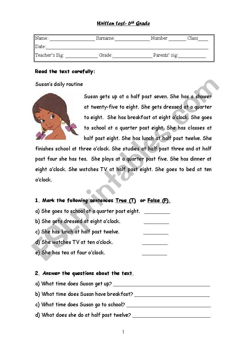 Daily routine test worksheet