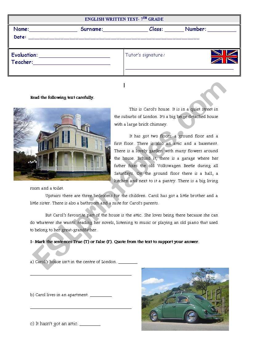 English written test on the topic house/home