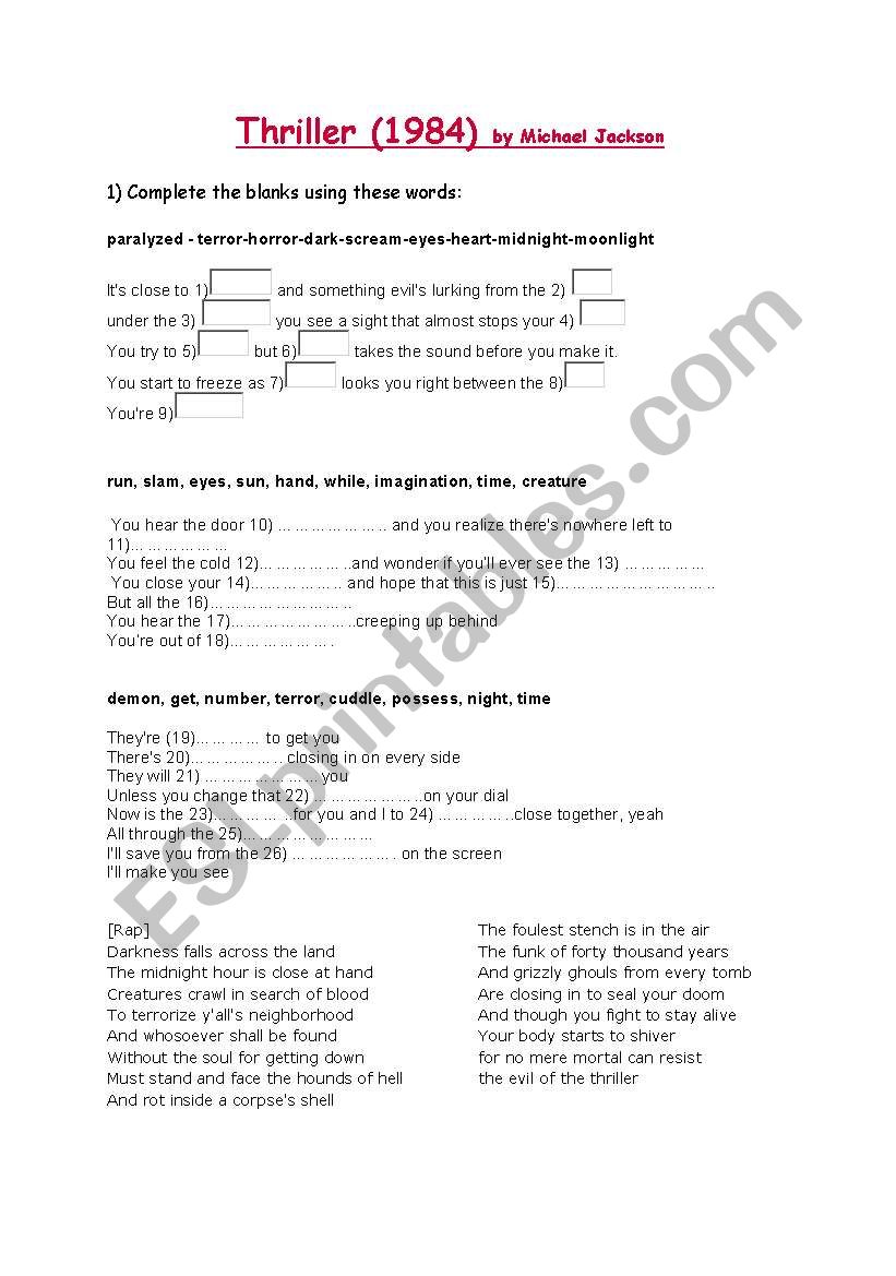 Thriller by Michael Jackson worksheet