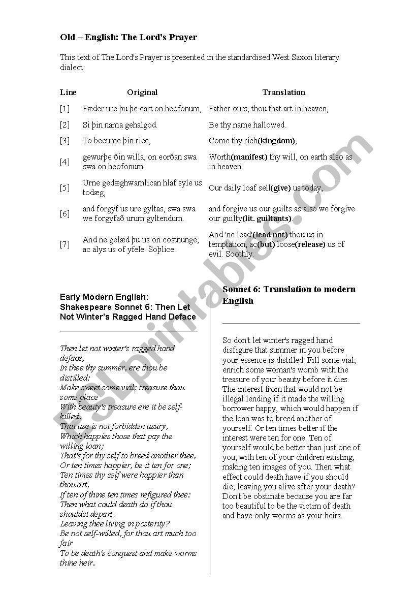 Old English - Early Modern English Comparison