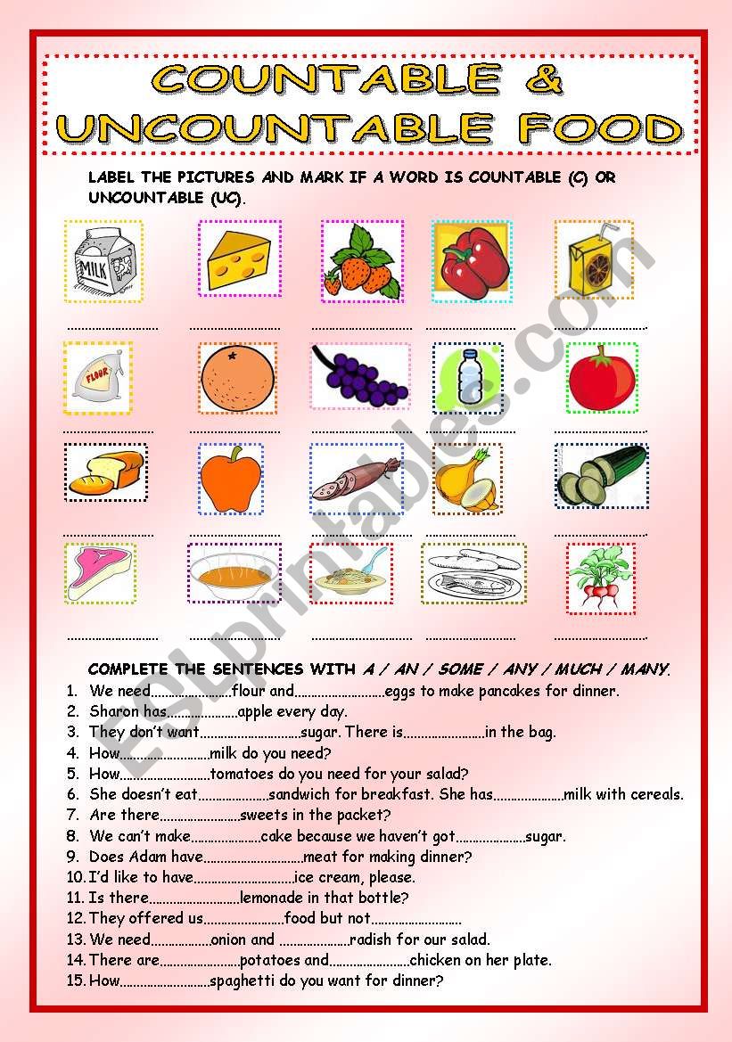 Countable And Uncountable Food Some Any A An Much Many Esl