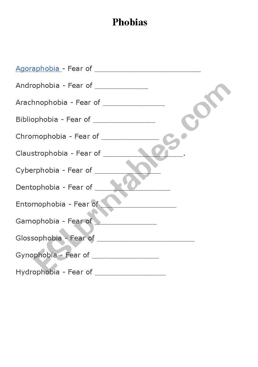 Phobias worksheet