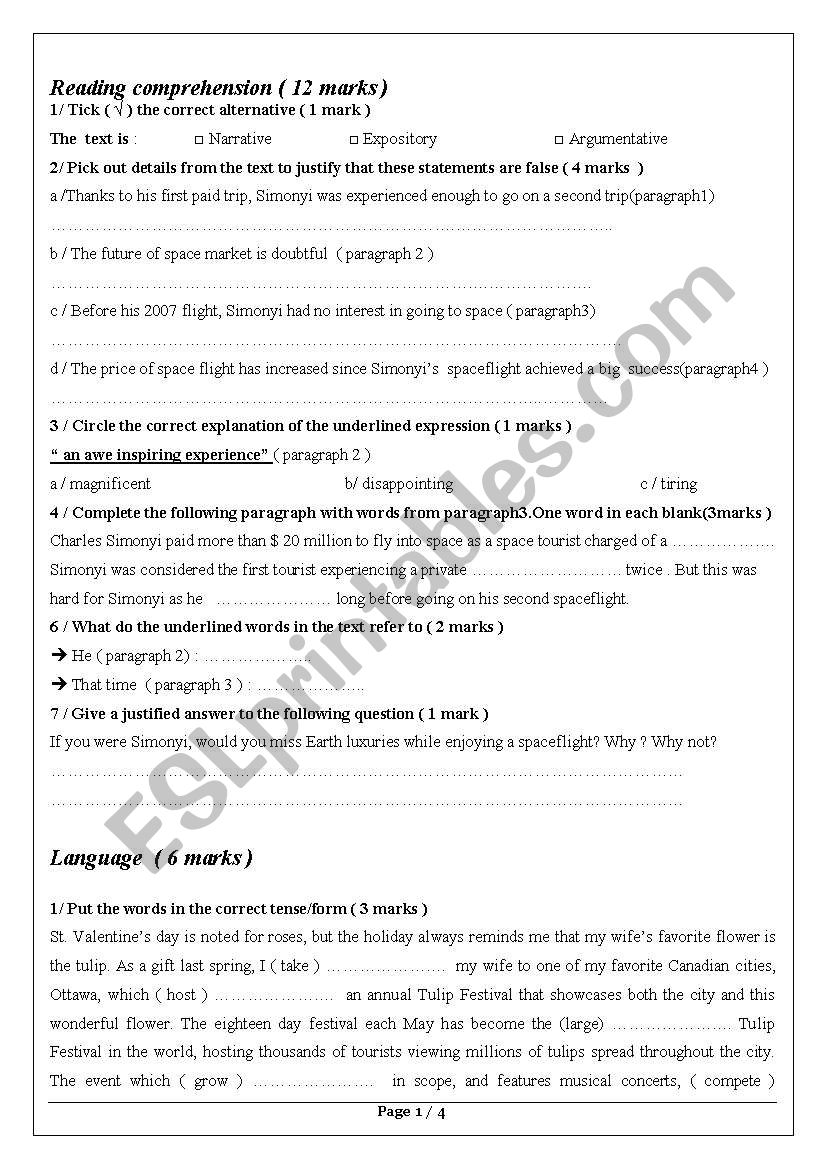 Bac english test worksheet