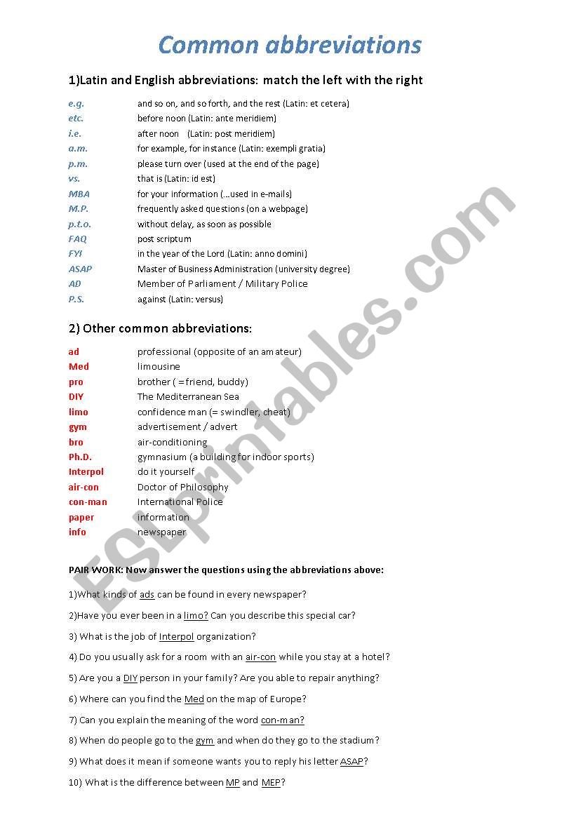 Common abbreviations worksheet