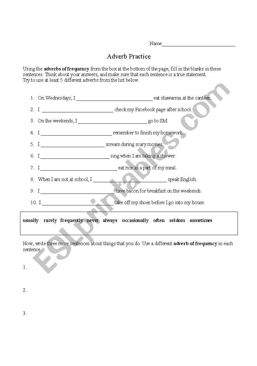 Adverb Worksheet worksheet