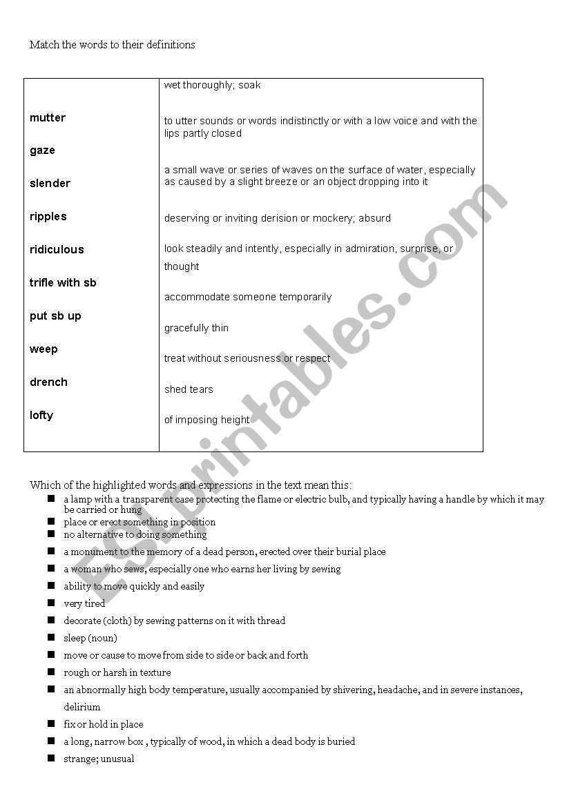 The Happy Prince vocabulary worksheet