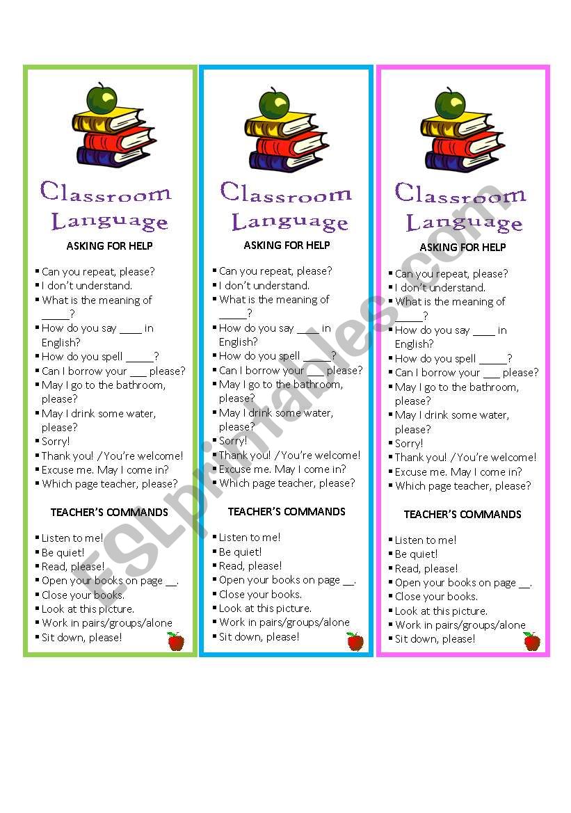 Basic Classrooom Language(editable) Bookmarks.