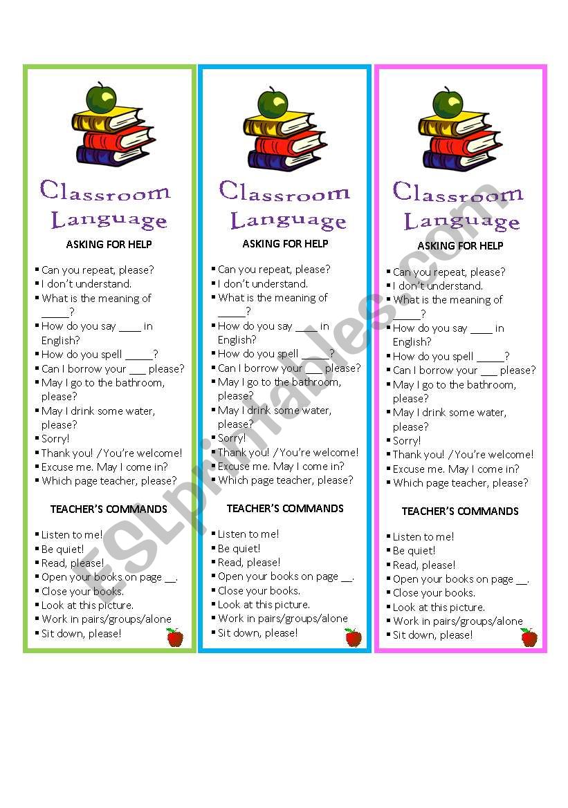 Basic Classrooom Language(editable) Bookmarks.