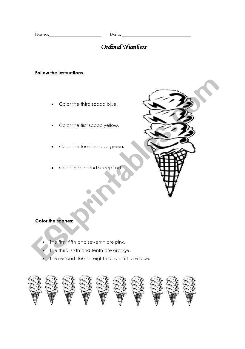 Ordinal numbers/colours worksheet