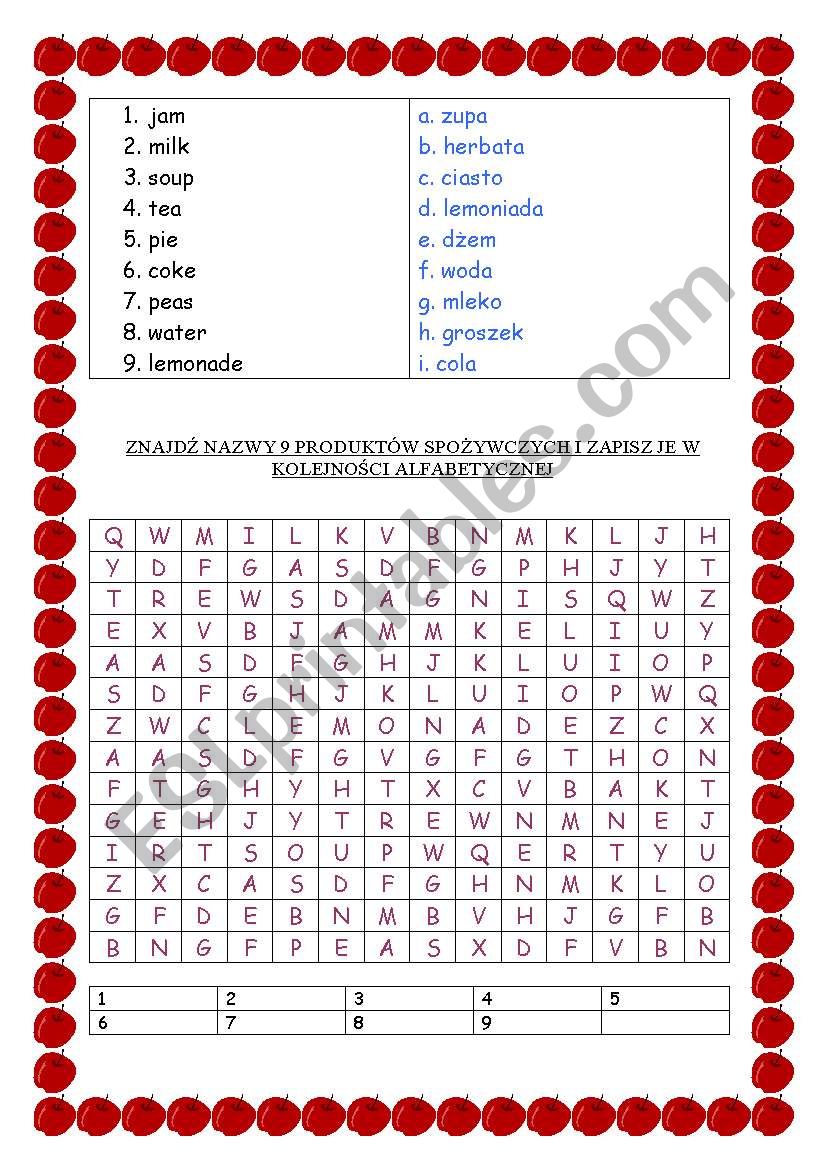 FOOD wordsearch worksheet