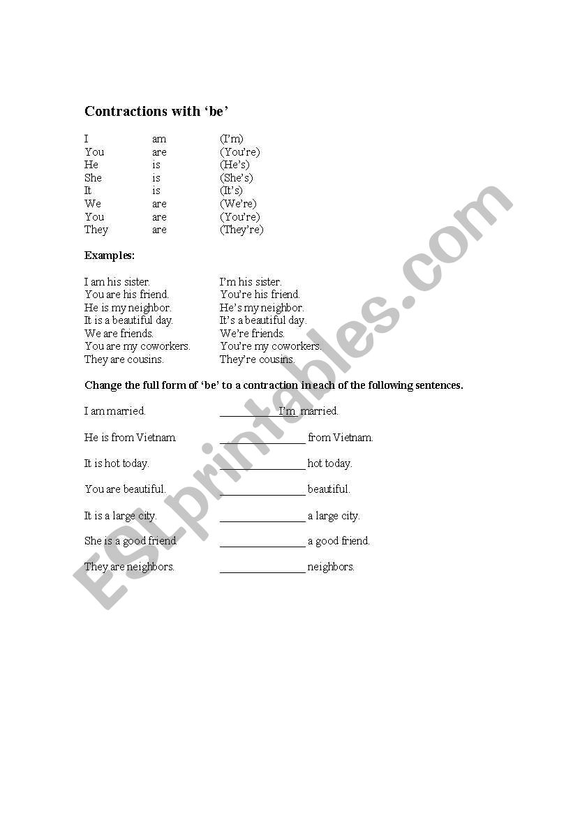 Contractions with be worksheet