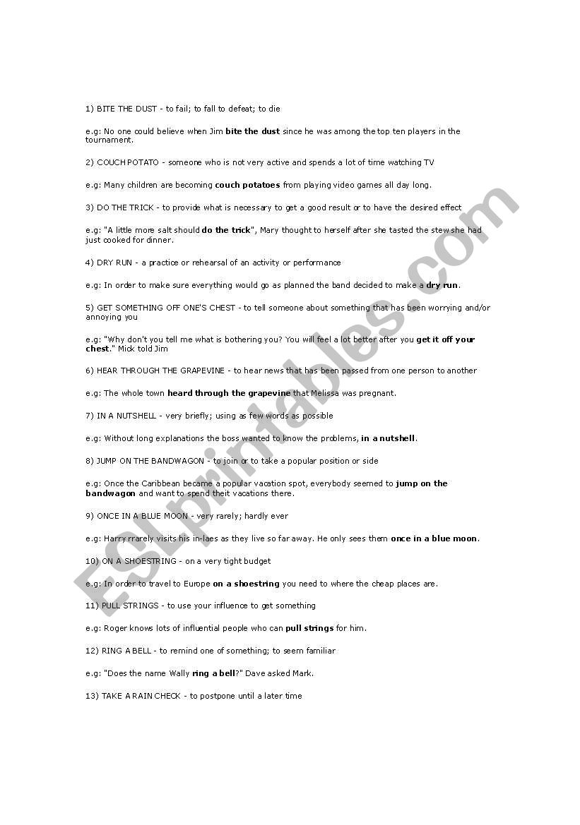 Slang and Idiom worksheet