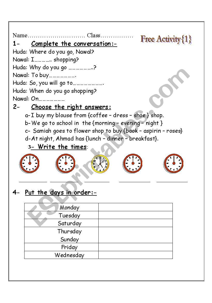 free activity worksheet