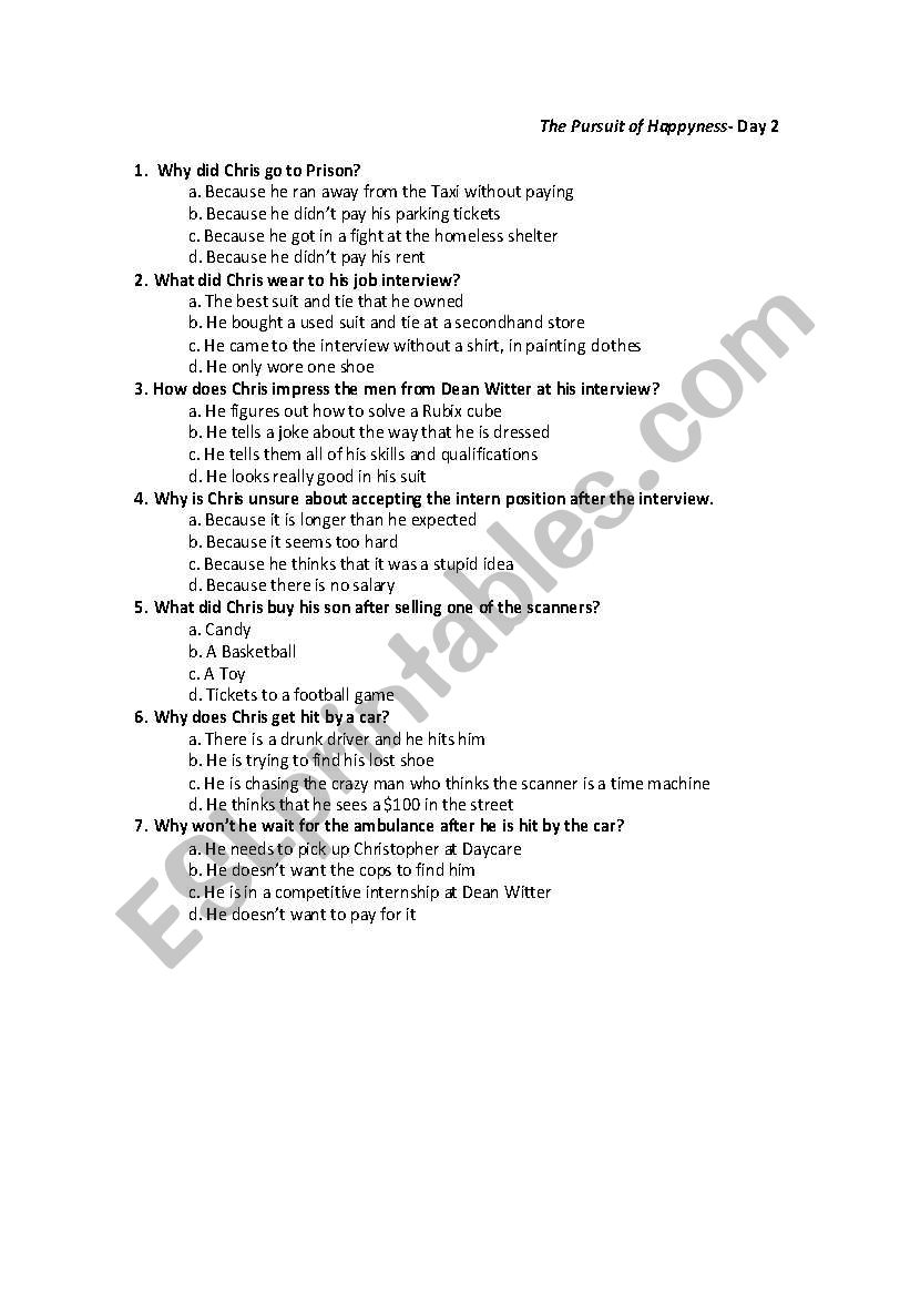 Pursuit of Happyness Multiple Choice Questions