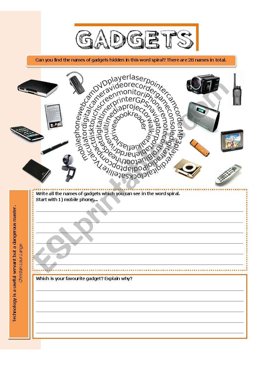 Gadgets - word spiral worksheet