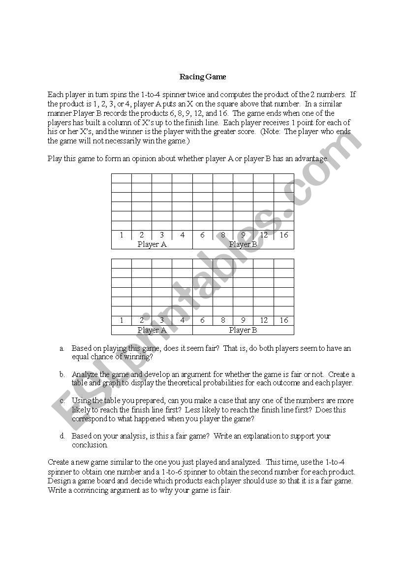 Racing Game worksheet