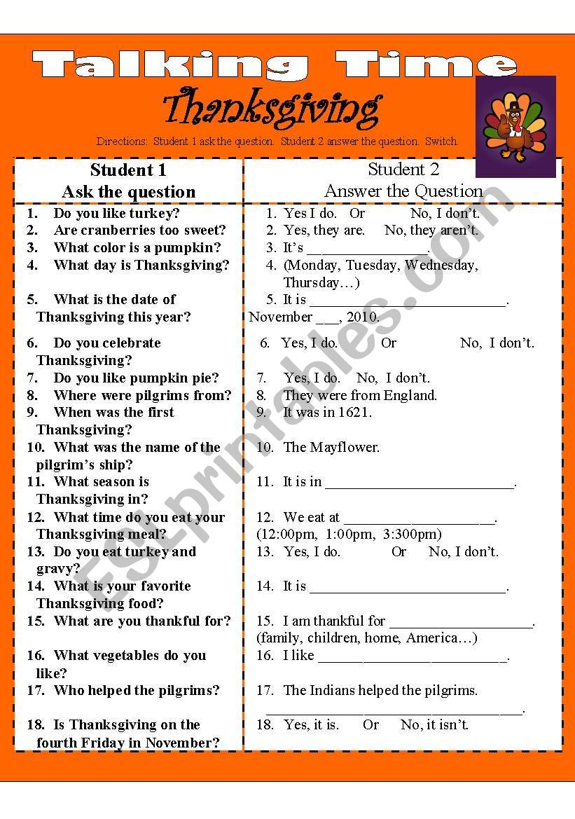 THANKSGIVING TALKING TIME worksheet