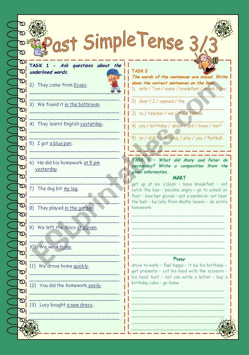 Past Simple Tense 3/3 * Irregular verbs part 1 * 2 pages exercises + Answer key