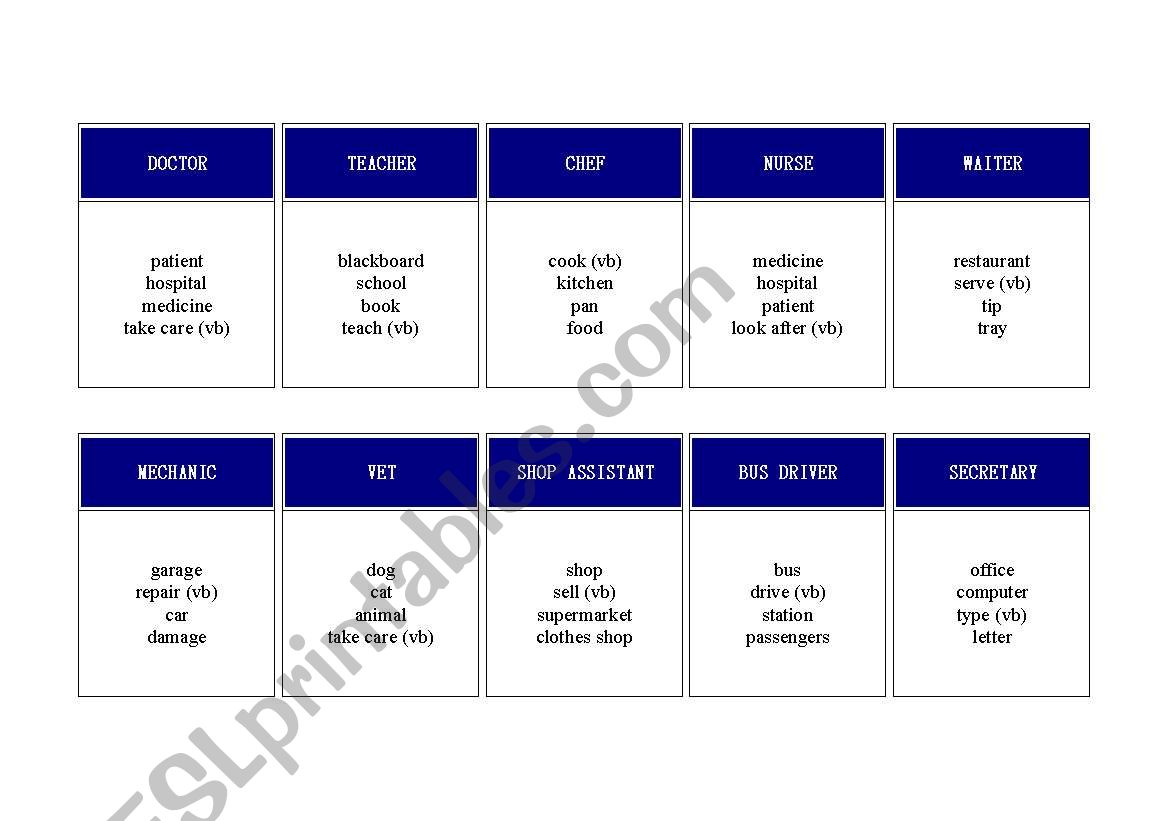 Taboo with jobs worksheet