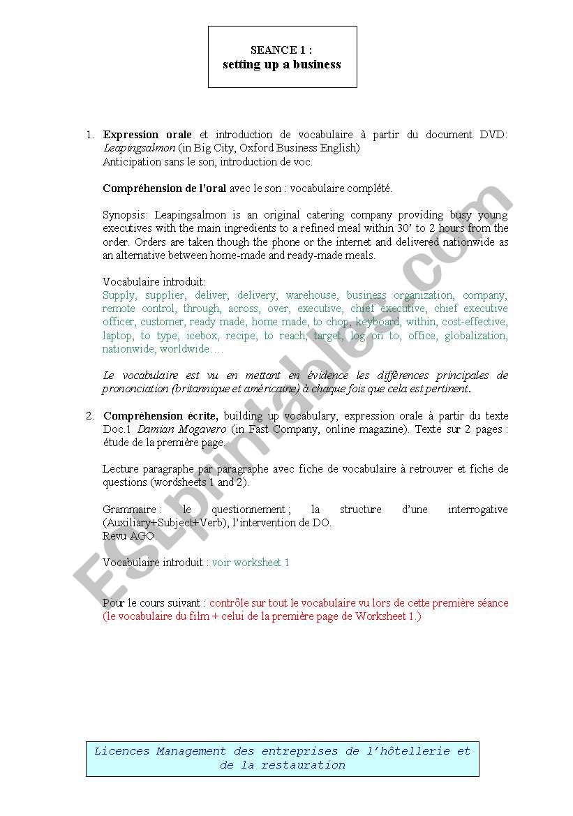 compr. worksheet for ESP class (for bachelors degree in hotel management)