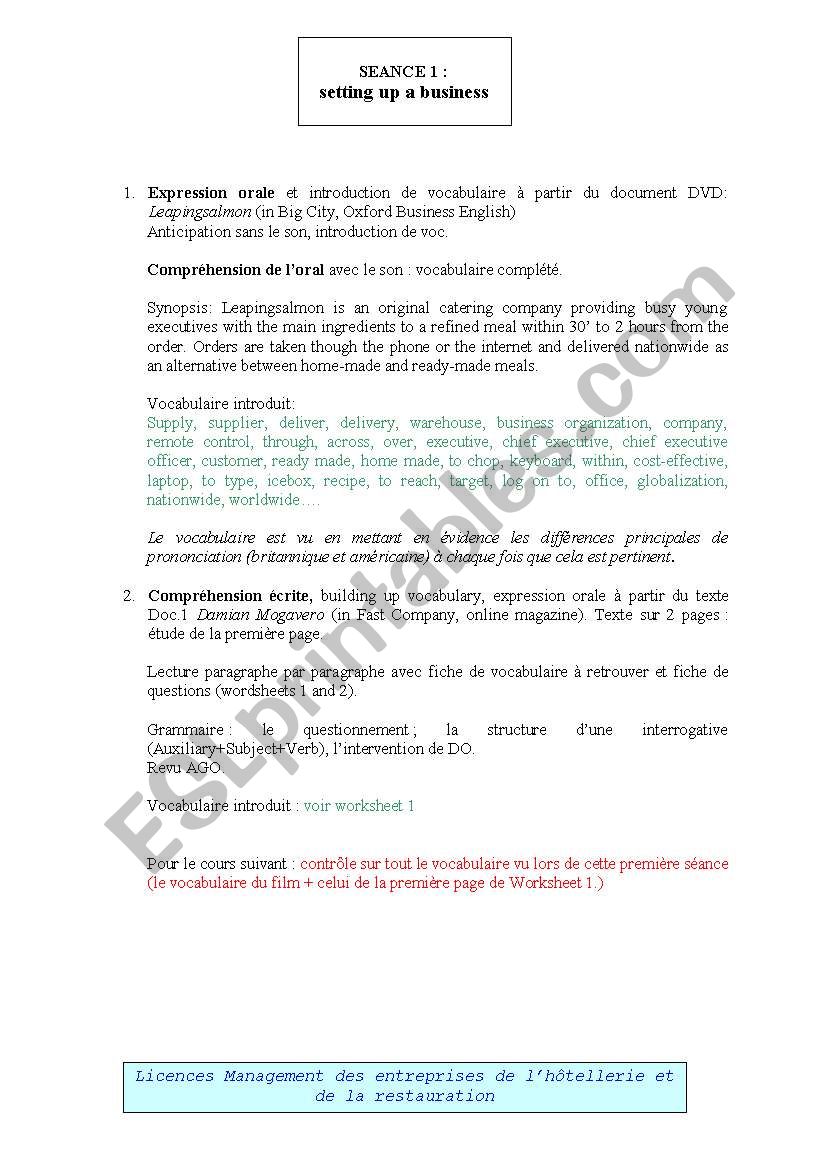 compr. worksheet for ESP class (for bachelors degree in hotel management)