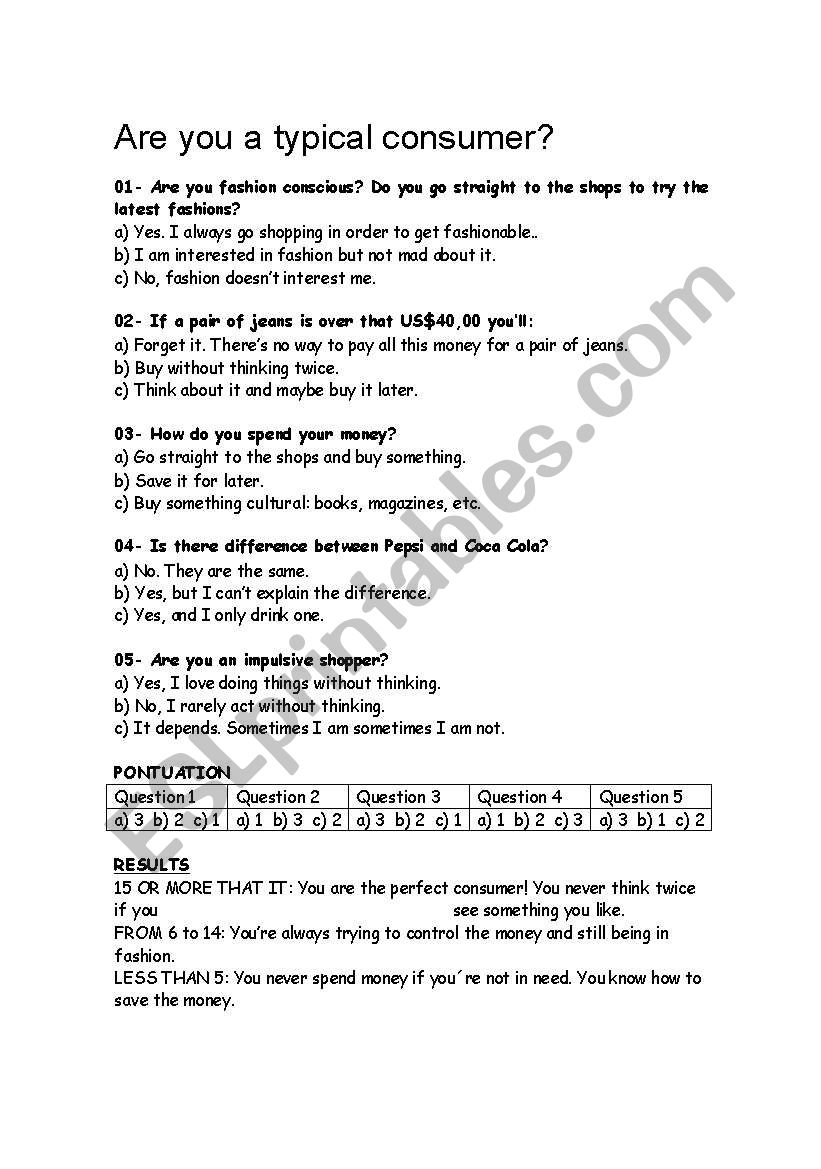 Are you a typical consumer? worksheet