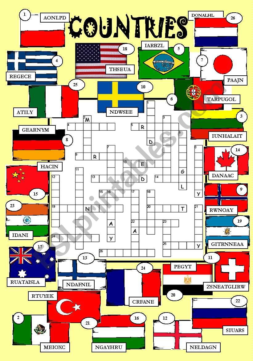 Countries crossword worksheet
