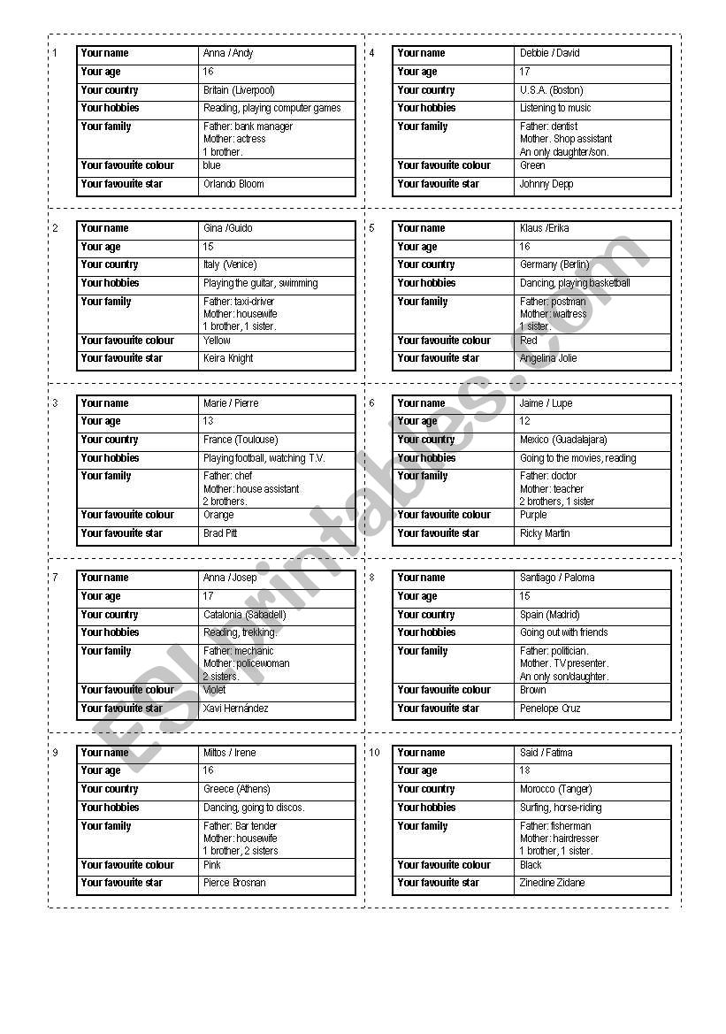 Identity cards for speaking activities