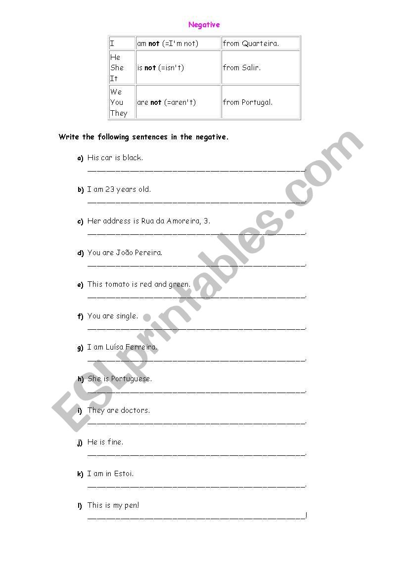 Negative worksheet