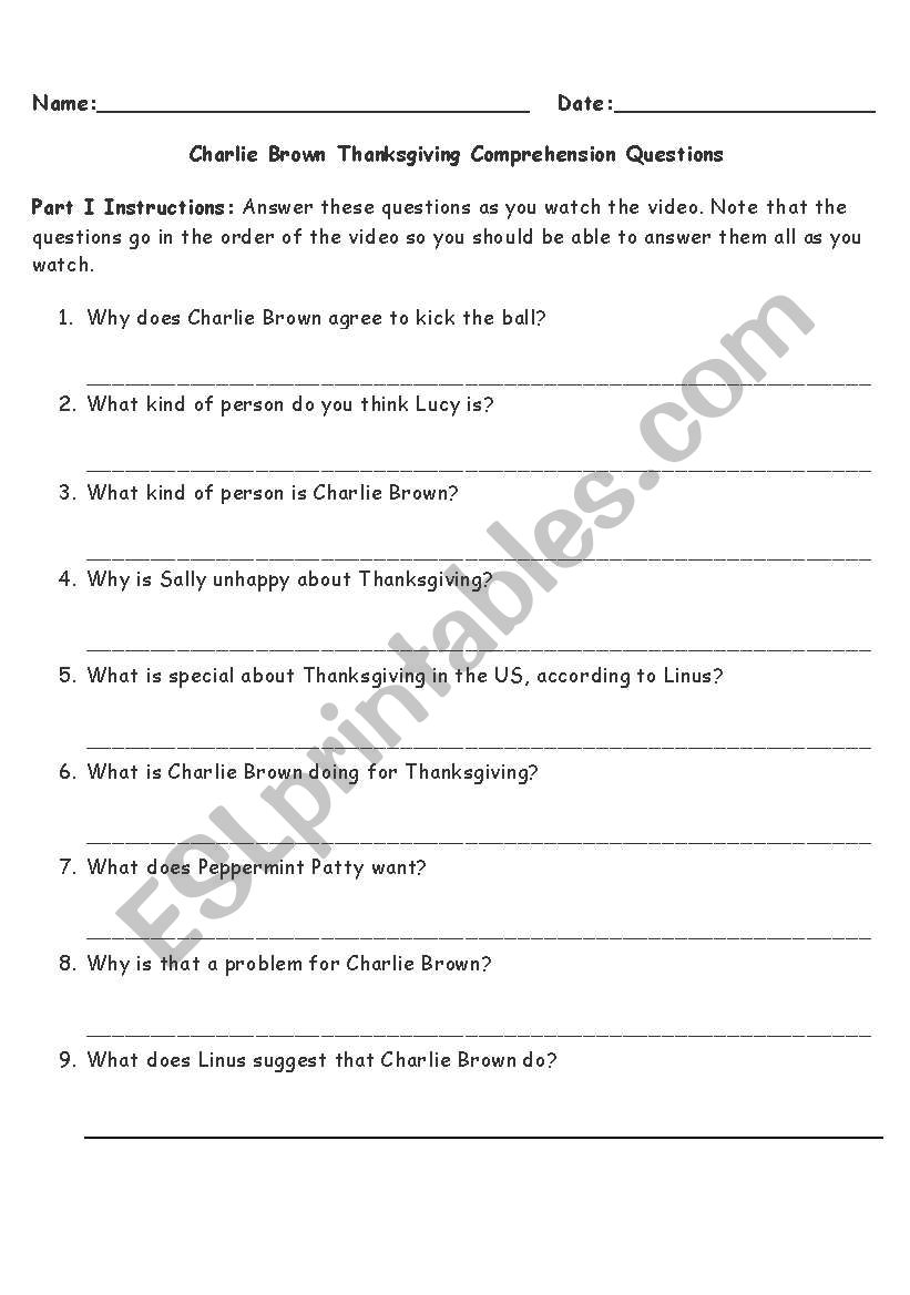 Charlie Brown Thanksgiving  worksheet