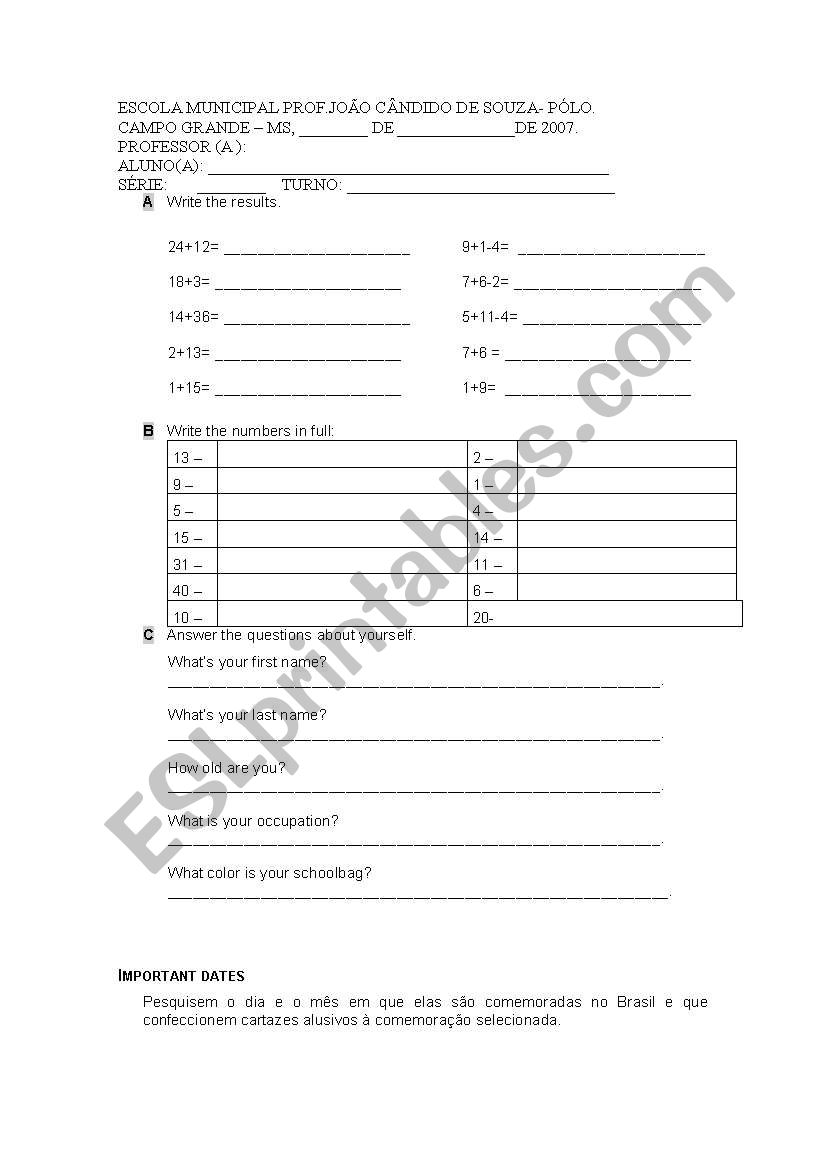 numbers worksheet