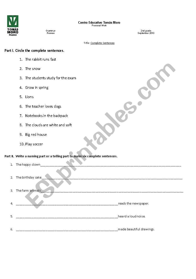 Complete sentences worksheet