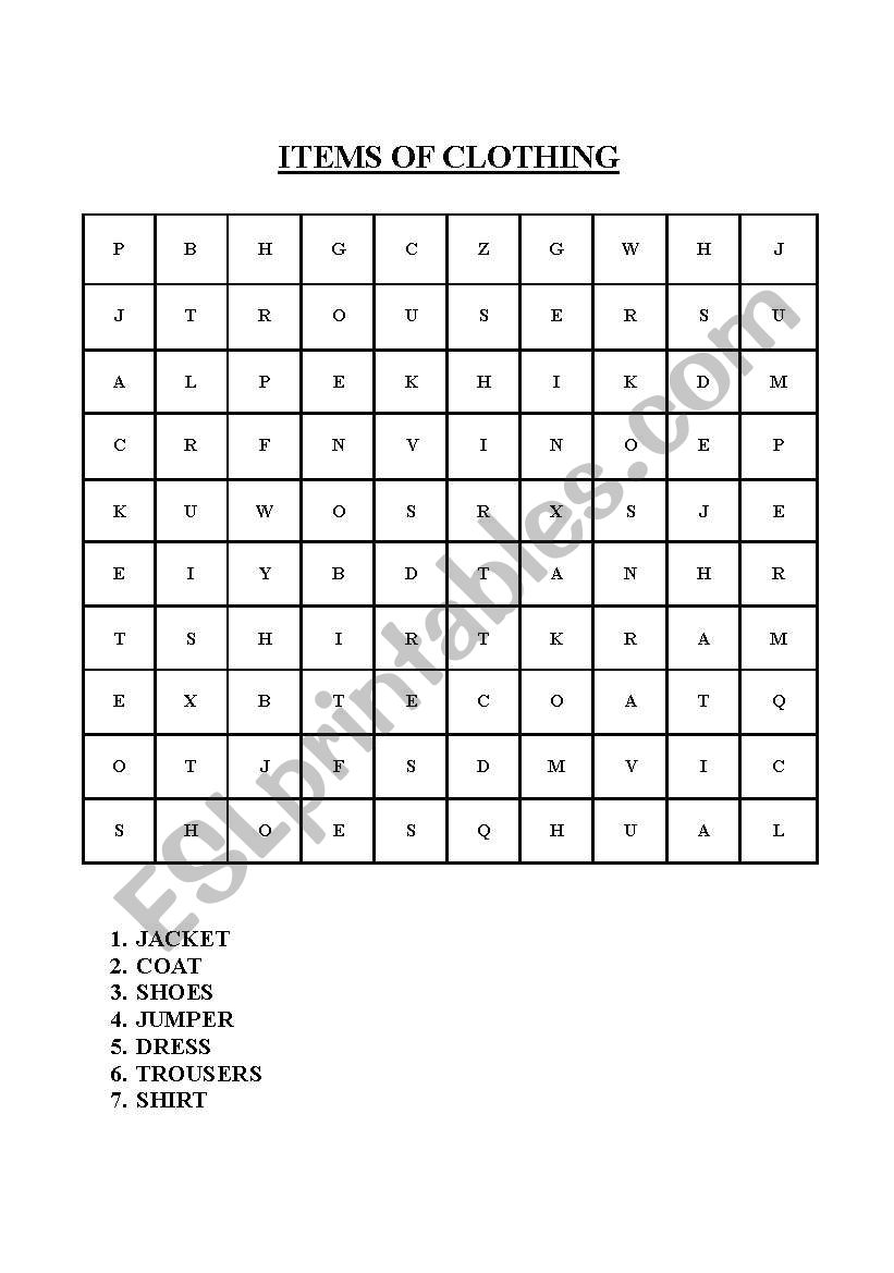 Clothing wordsearch worksheet