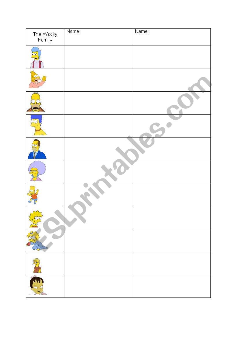 Table - family worksheet