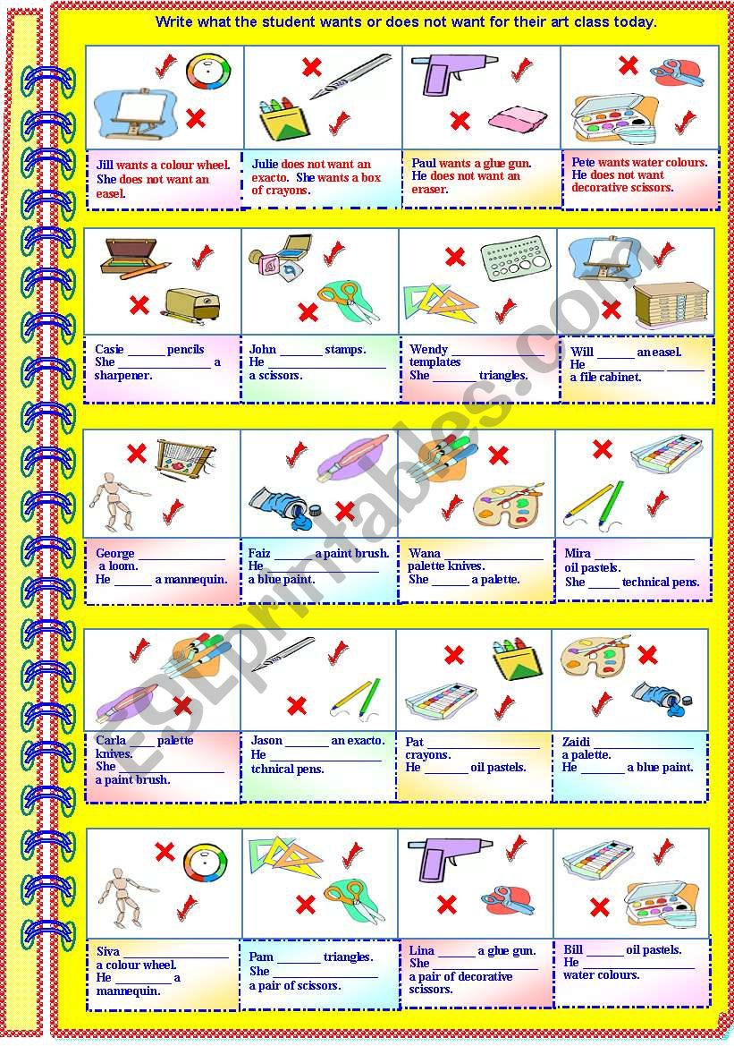 What the student wants or does not want for their art class today - with answer key **fully editable