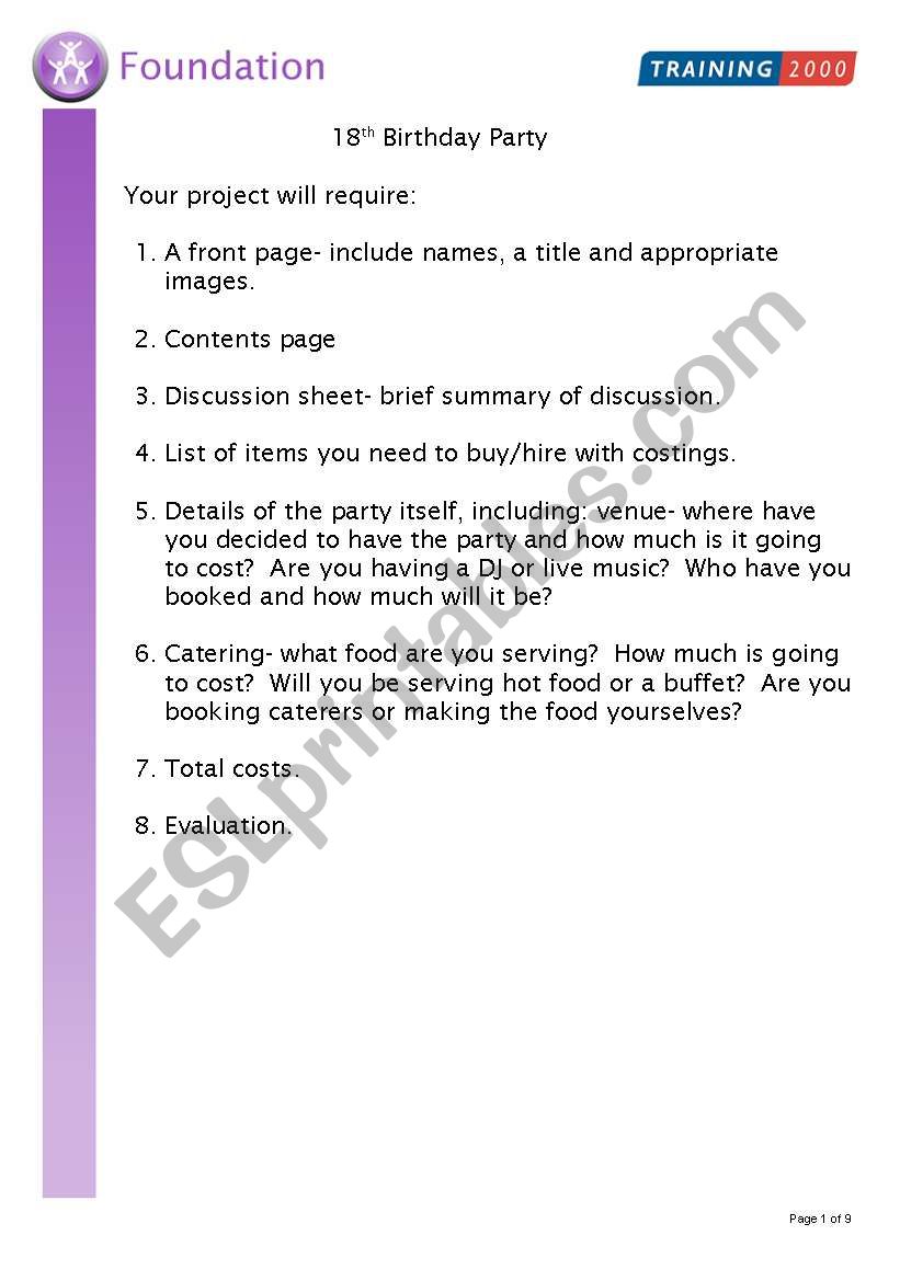 Birthday Party worksheet