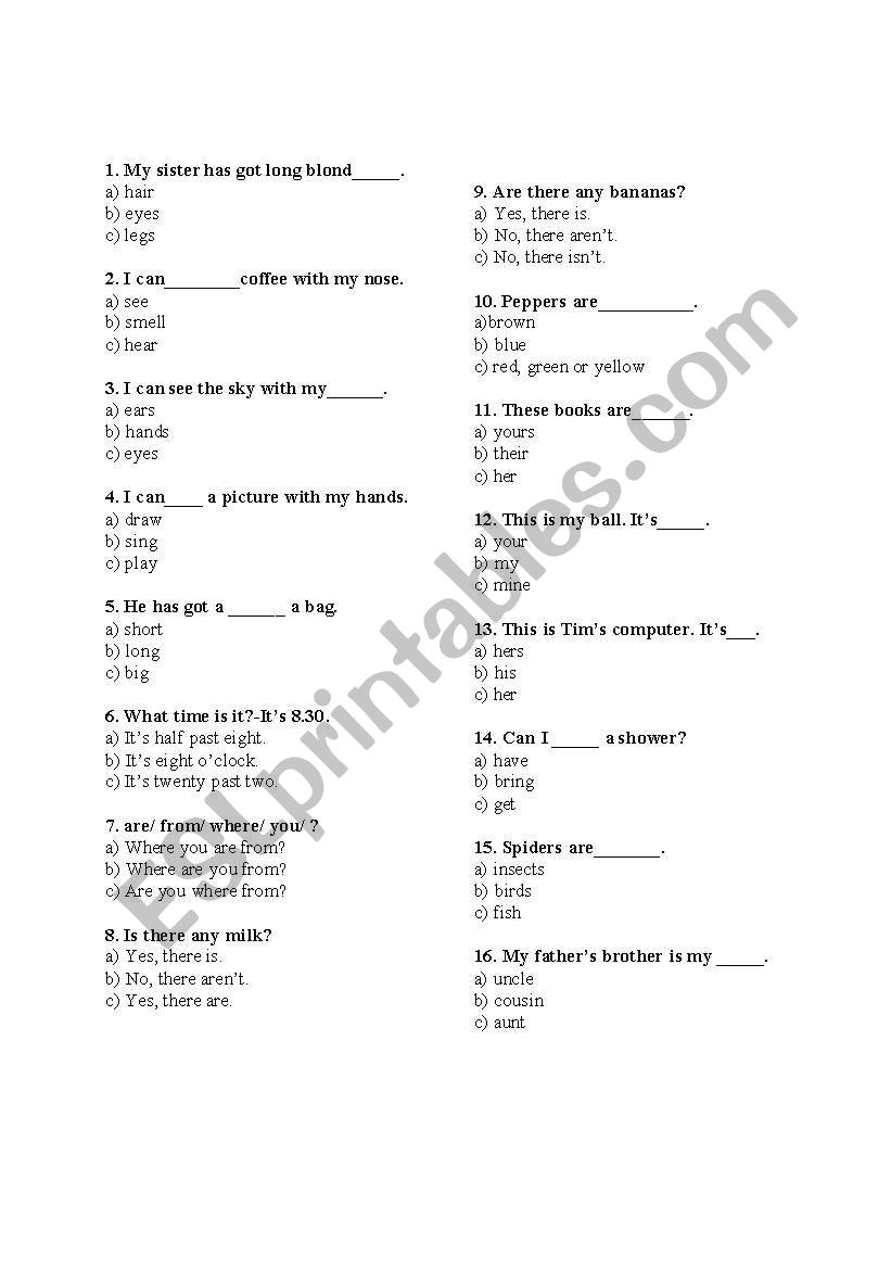 Initial test for 4th grade worksheet