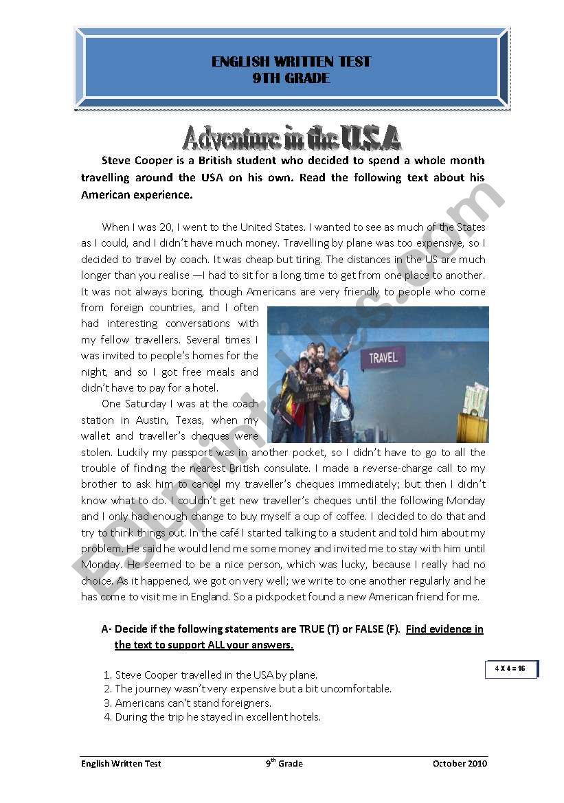 adventure in the USA worksheet