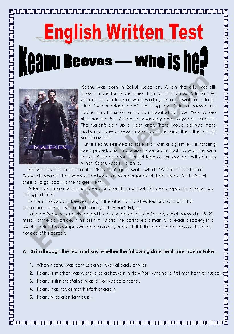 Keanu Reeves worksheet