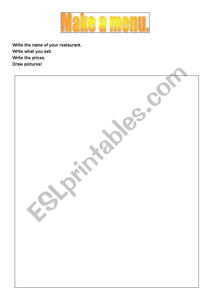Make a menu. worksheet