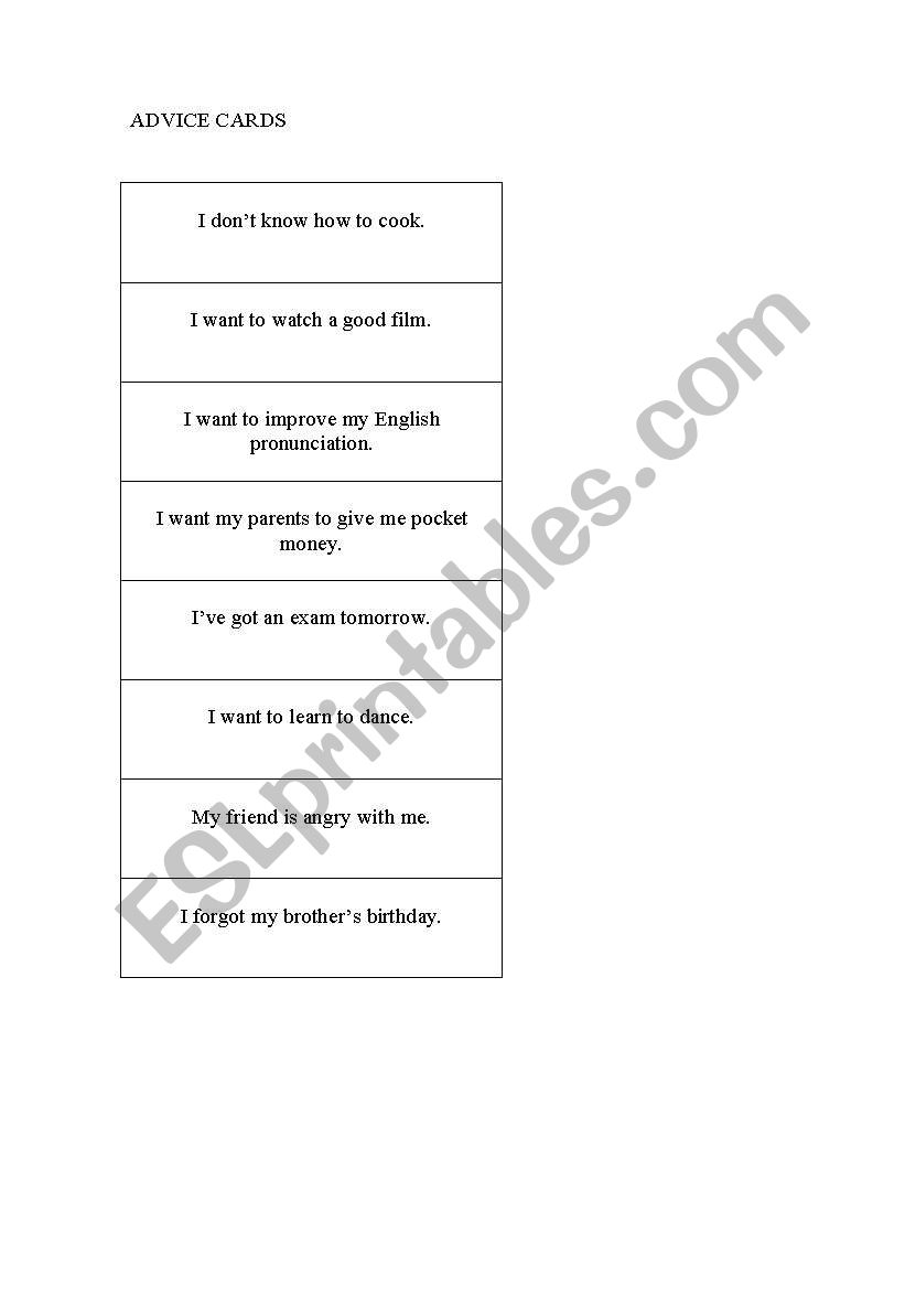 ADVICE CARDS worksheet