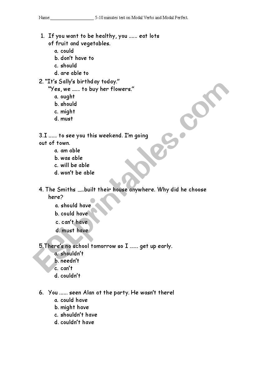 Modal Verbs and Modal Perfect Verbs 5 minutes test