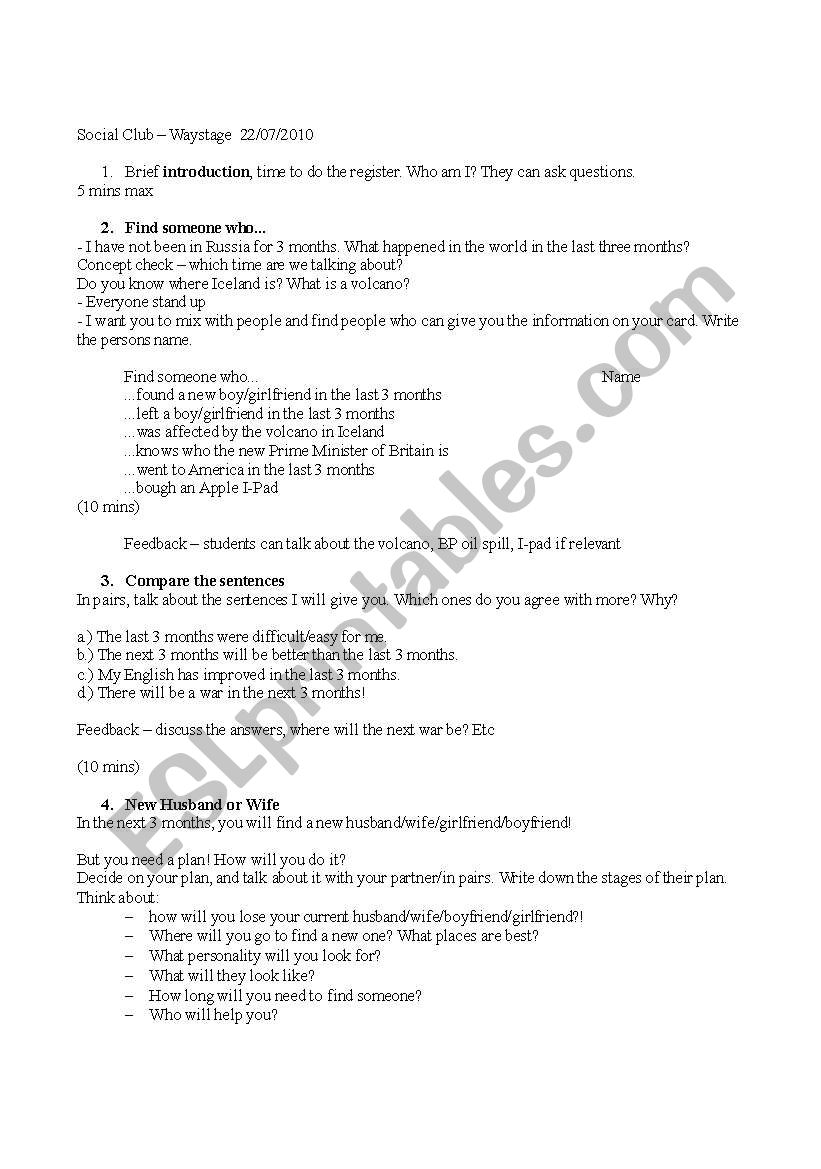 Social Activity worksheet
