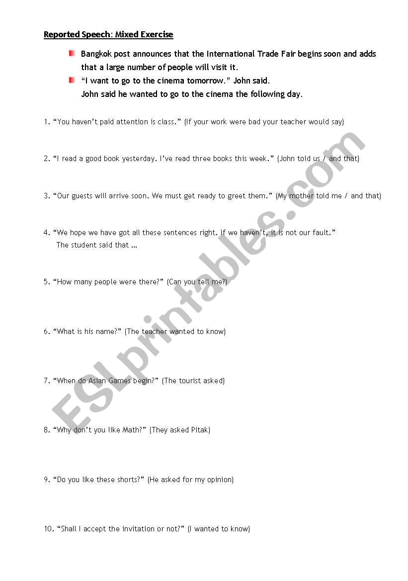 reported speech mixed exercises
