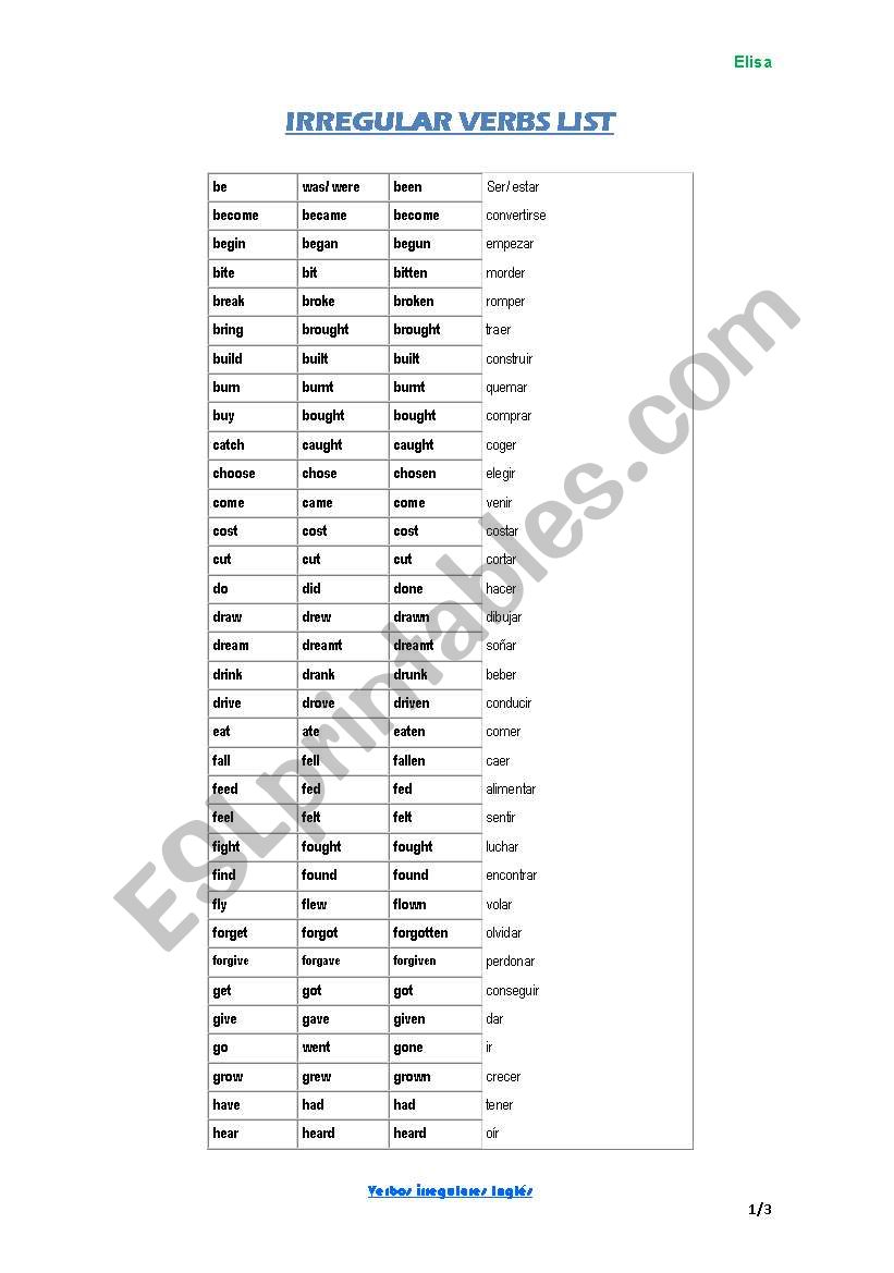 List of Irregular Verbs worksheet