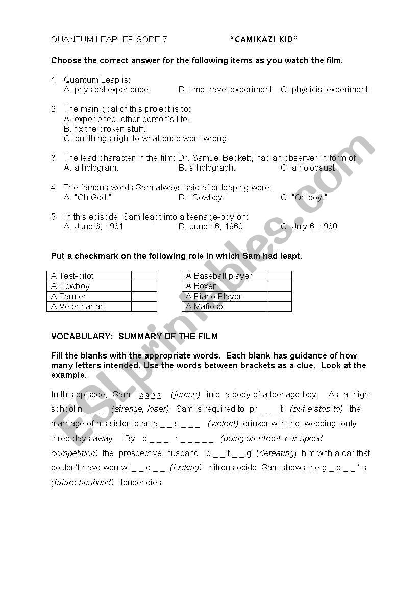 Quantum Leap Film Worksheet worksheet