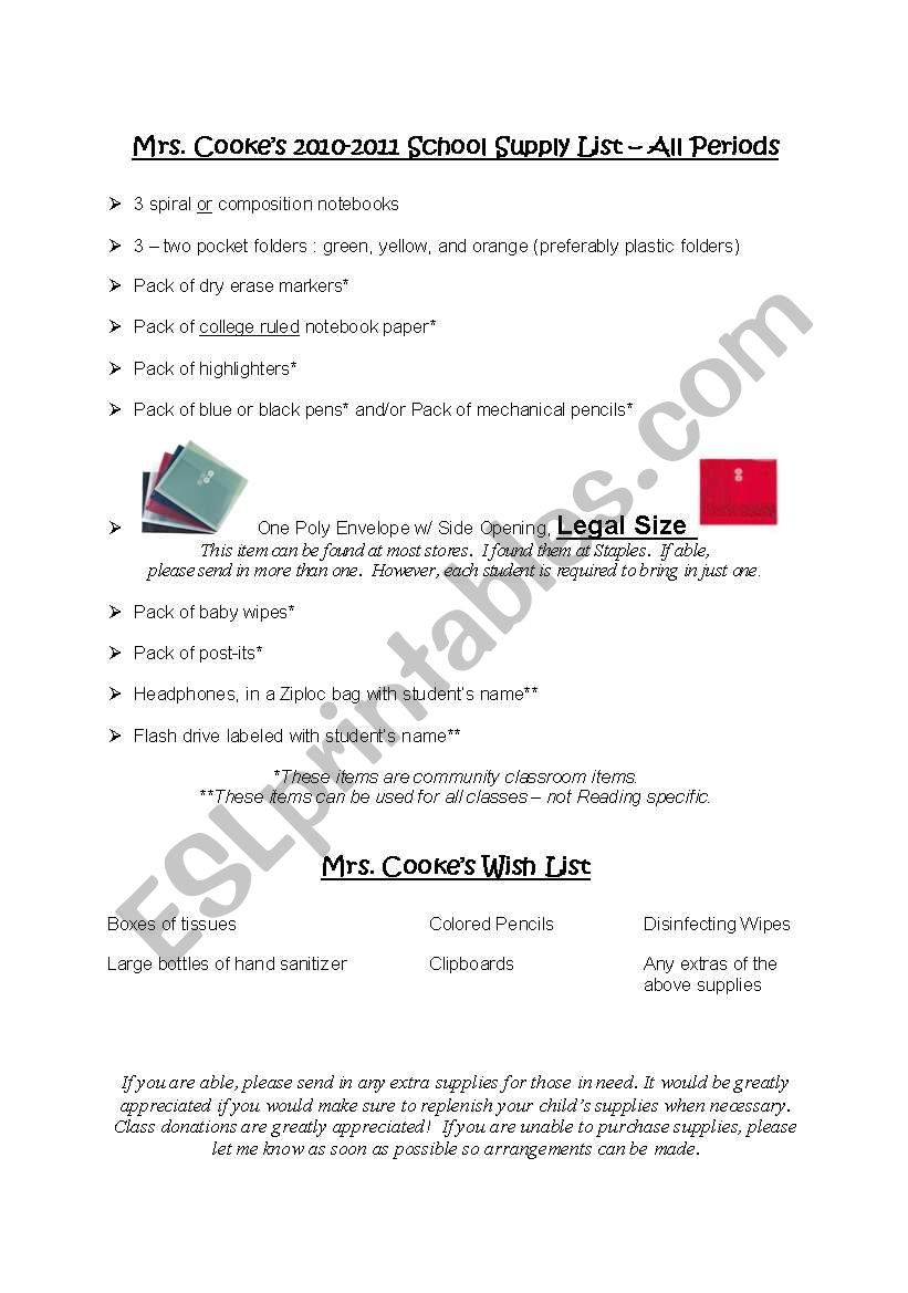English worksheets sixth grade school supplies list