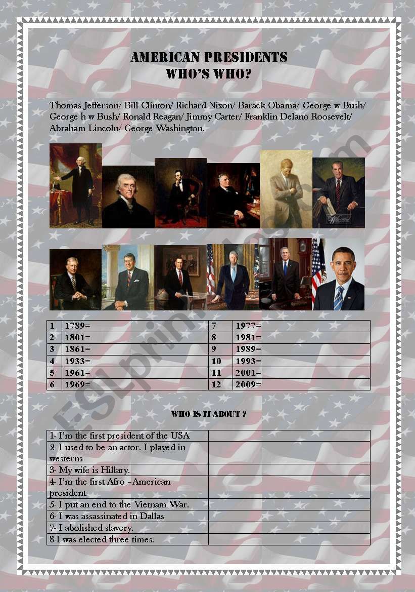 American presidents worksheet