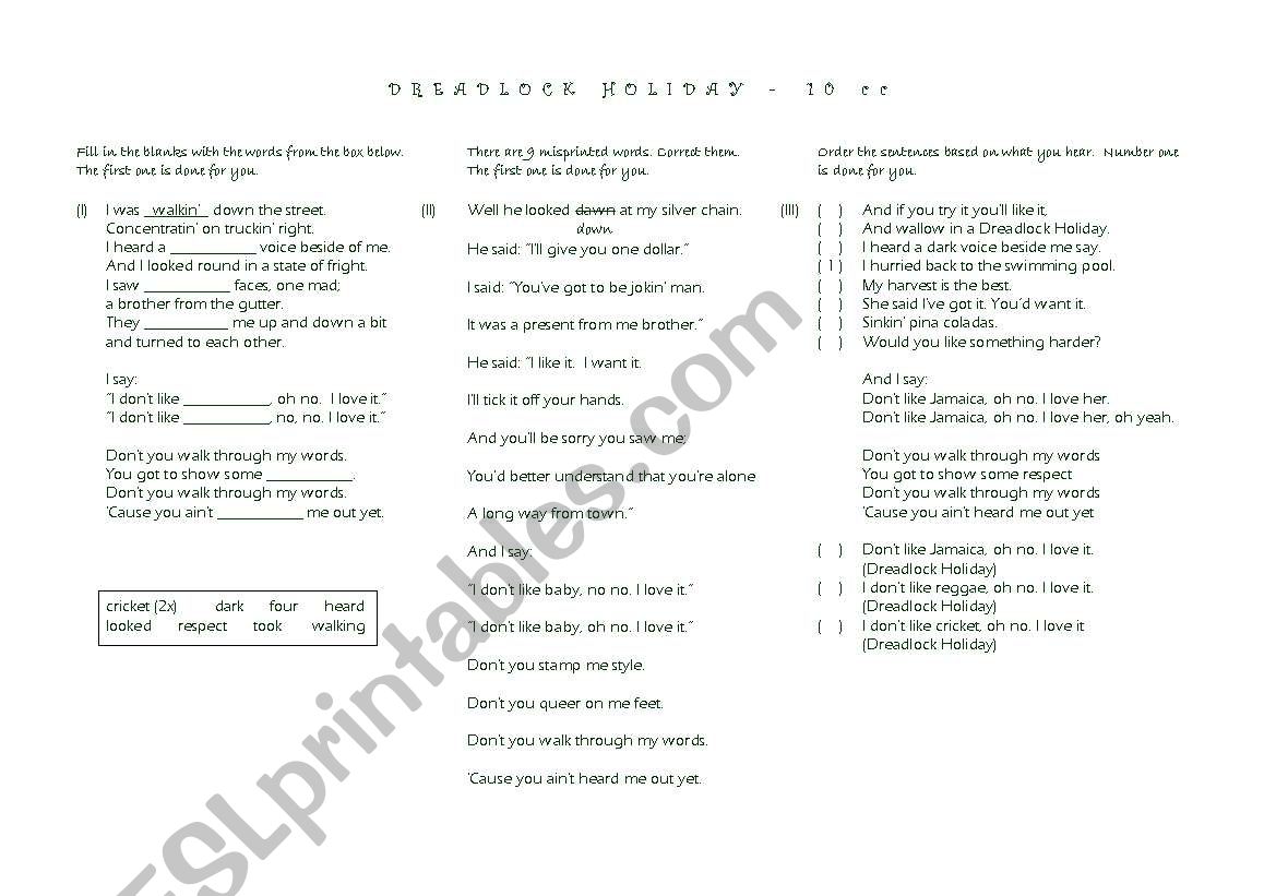 Dreadlock Holiday - 10CC worksheet