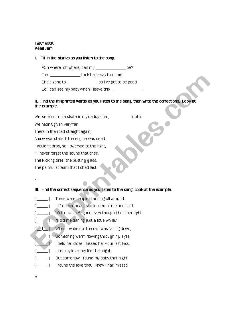 Last Kiss worksheet